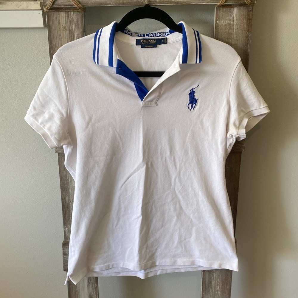 Ralph Lauren White Classic Women’s Polo with Blue Accent and Logo | Size L